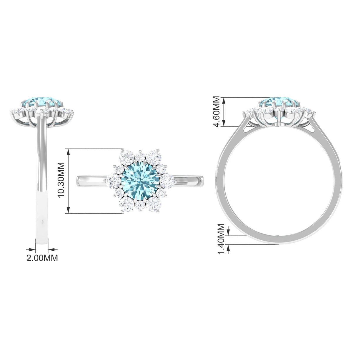 Anillo de compromiso llamativo de aguamarina natural de 0,8 CT con halo de diamantes
