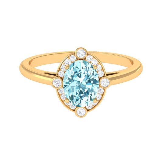 1 Carat Aquamarine Oval Halo Engagement Ring with Diamond
