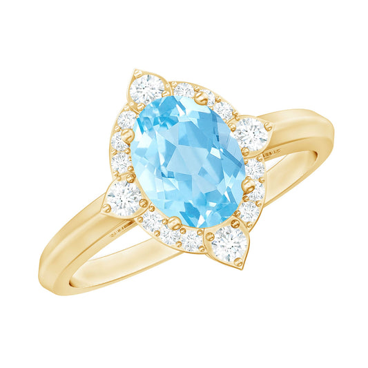 Anillo de Compromiso Ovalado de 1 Quilate con Aguamarina y Diamante Auténticos