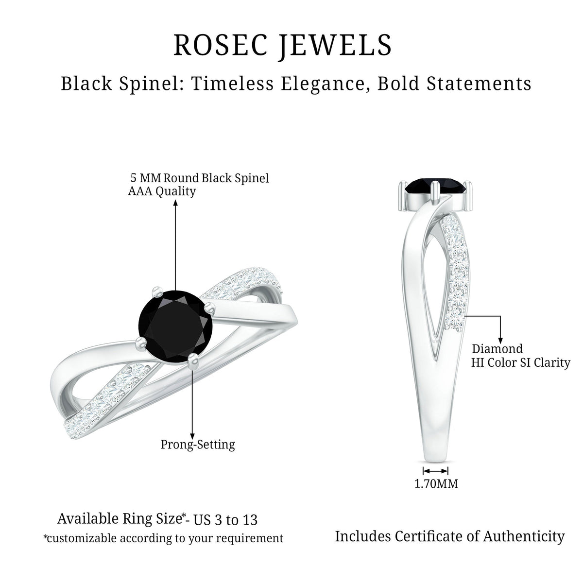 Certified Real Black Spinel Promise Ring with Diamond