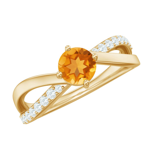 Anillo de compromiso de citrino real certificado con banda cruzada de diamantes