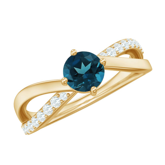 Anillo de compromiso de topacio azul de Londres con diamantes certificado