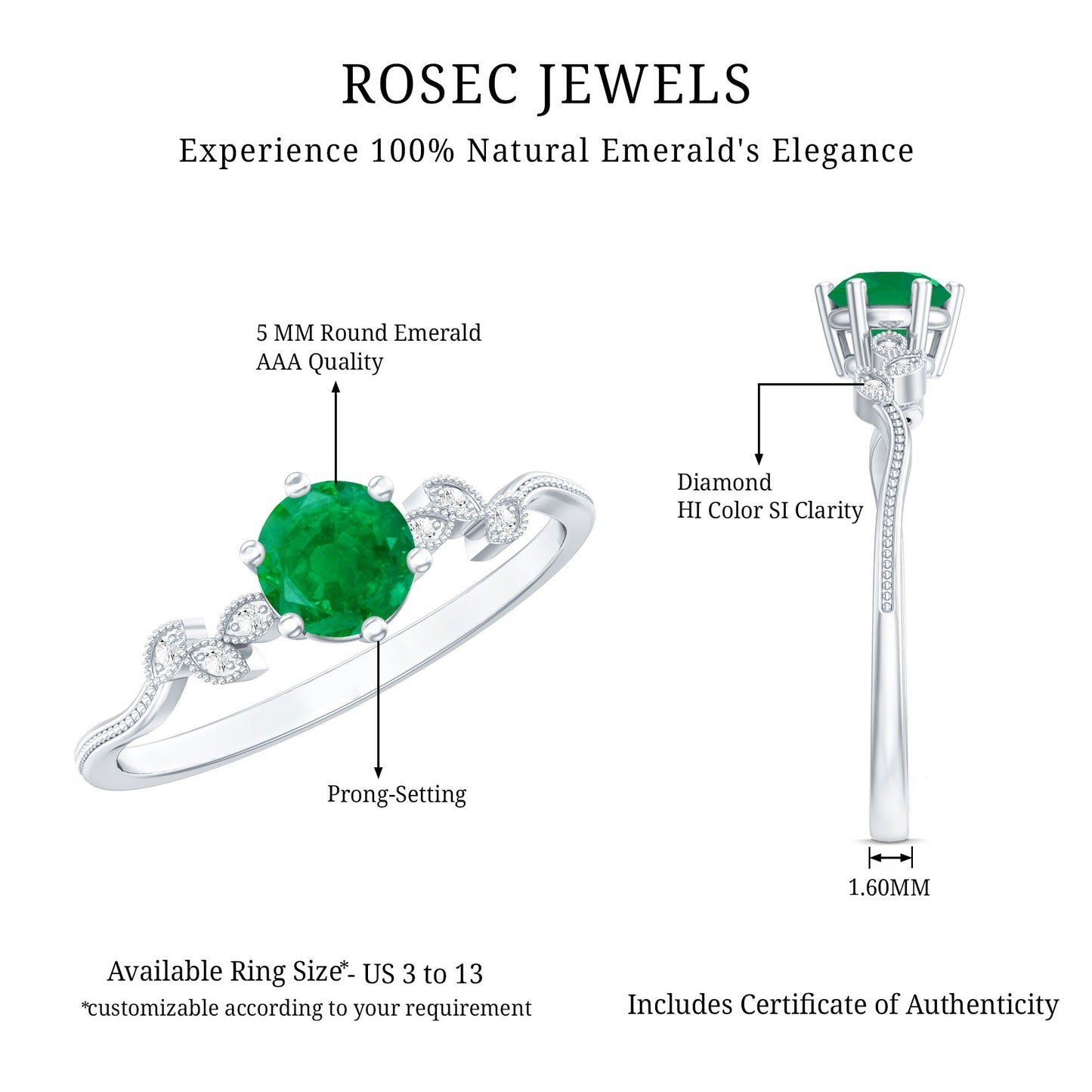 Anillo de promesa en forma de hoja con esmeraldas y diamantes naturales