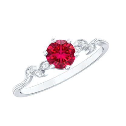 Anillo de promesa de hojas con rubí y diamante creados en laboratorio