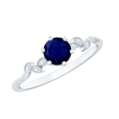 Anillo de Promesa Inspirado en Hojas con Zafiro Azul Genuino y Diamantes