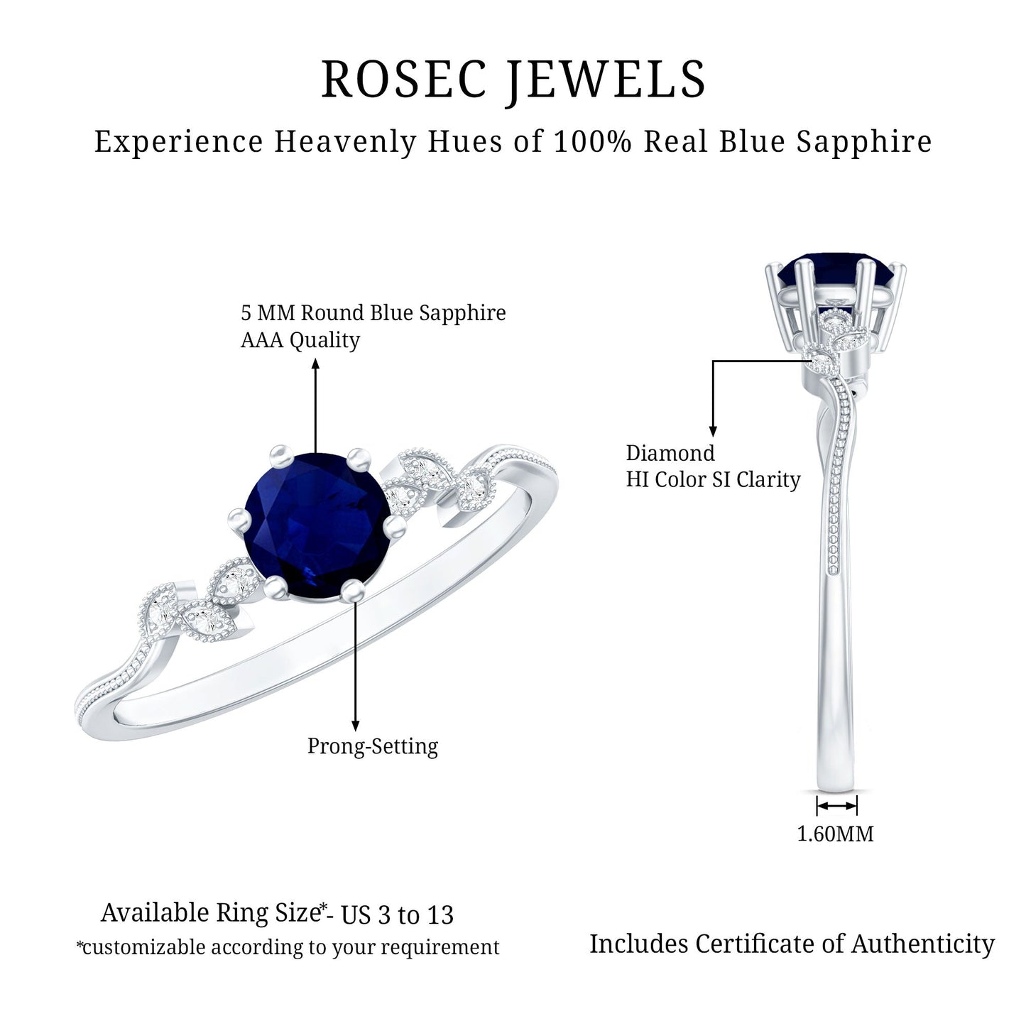 Anillo de Promesa Inspirado en Hojas con Zafiro Azul Genuino y Diamantes