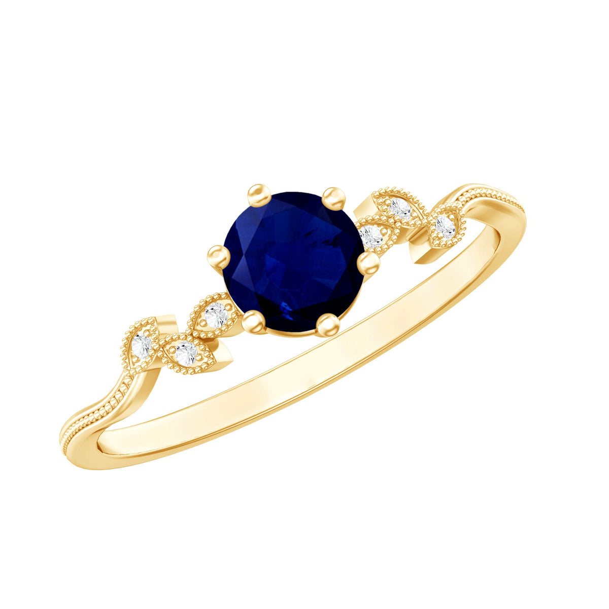 Anillo de Promesa Inspirado en Hojas con Zafiro Azul Genuino y Diamantes