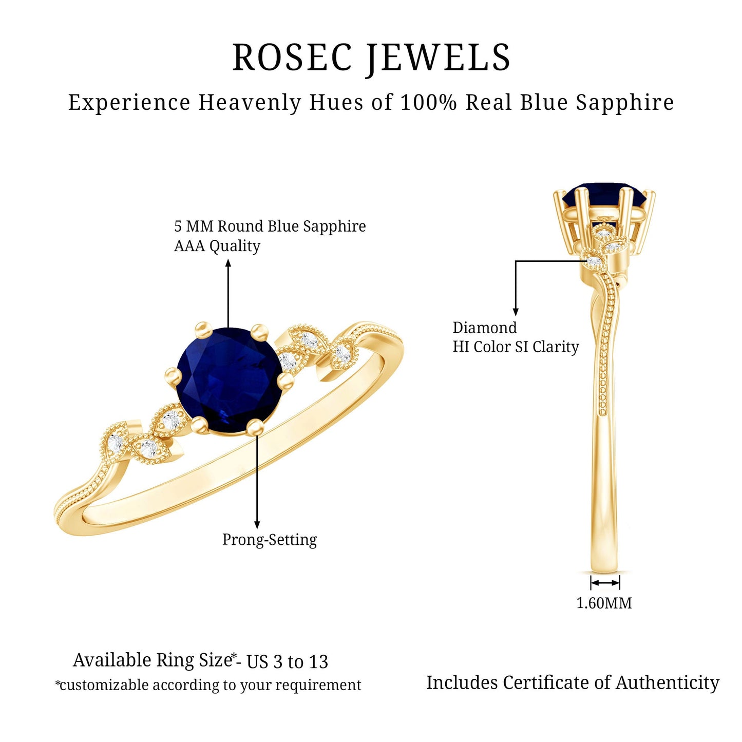 Anillo de Promesa Inspirado en Hojas con Zafiro Azul Genuino y Diamantes