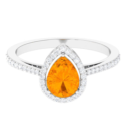 Real 0.6 Carat Fire Opal Teardrop Engagement Ring with Diamond Halo