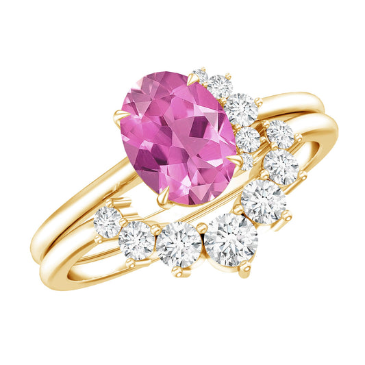 Juego de anillos de boda de turmalina rosa ovalada de 1 quilate y diamantes
