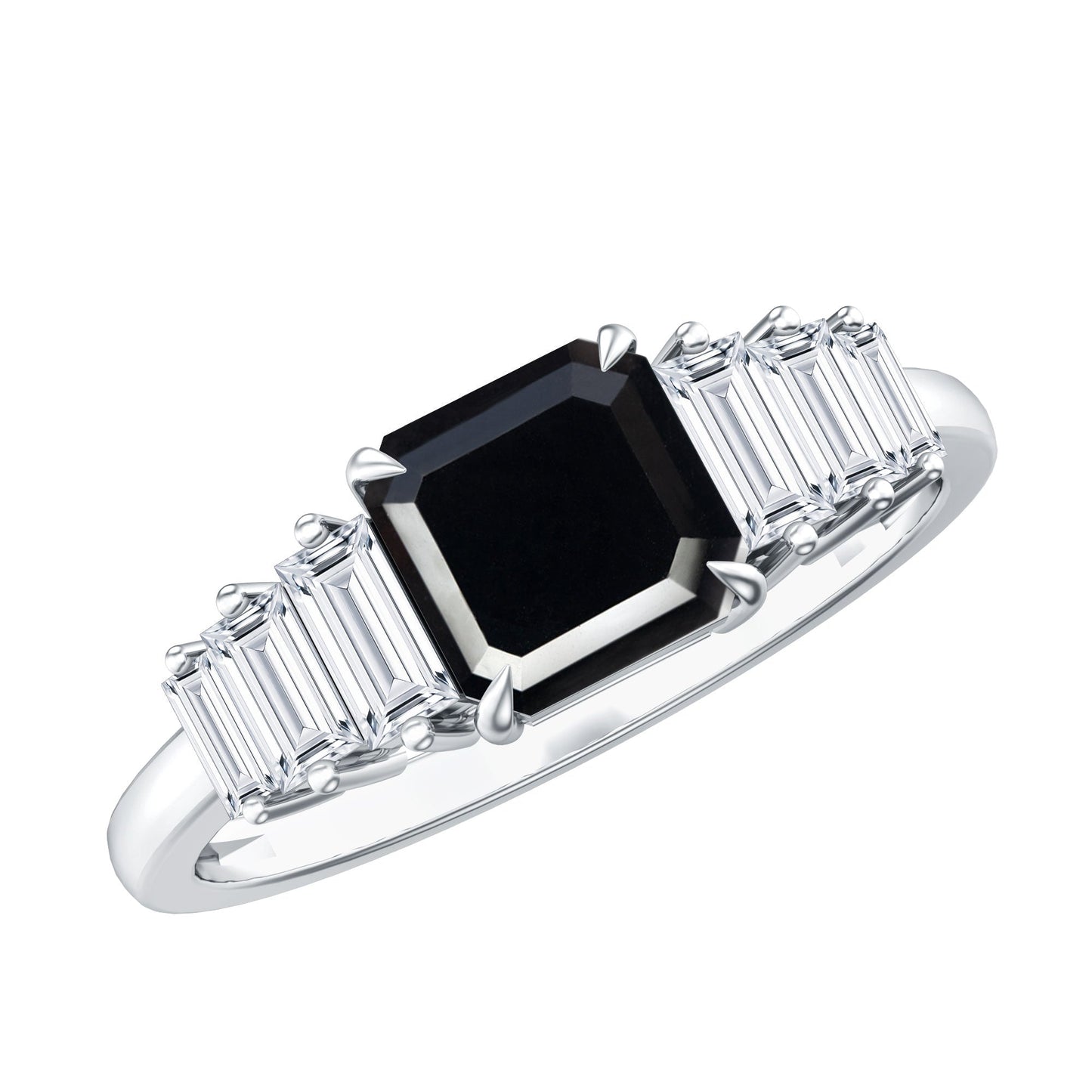 Anillo de Compromiso con Ónix Negro Talla Asscher y Moissanita Baguette