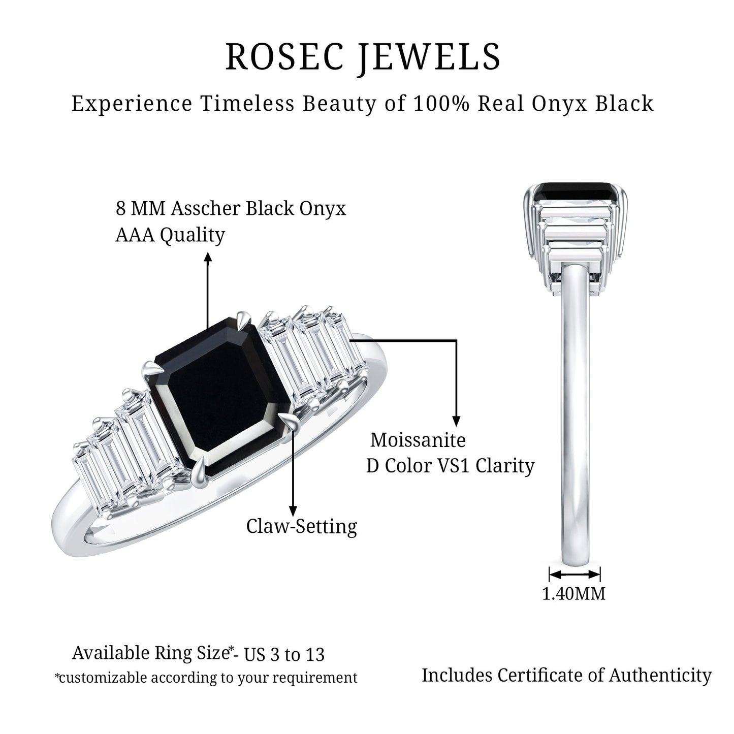 Anillo de Compromiso con Ónix Negro Talla Asscher y Moissanita Baguette