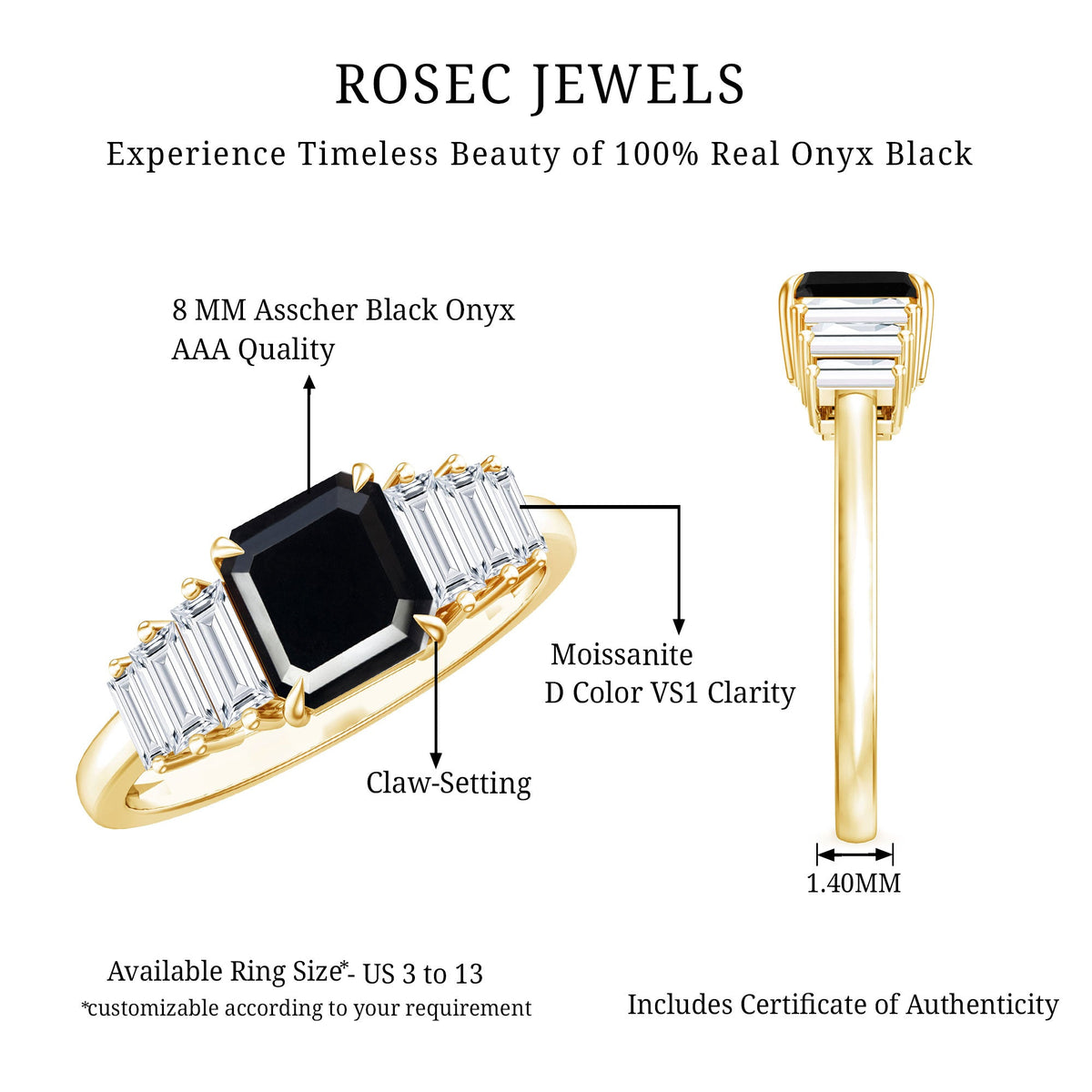 Anillo de Compromiso con Ónix Negro Talla Asscher y Moissanita Baguette