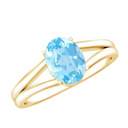 Anillo de compromiso solitario de aguamarina ovalada genuina con vástago dividido