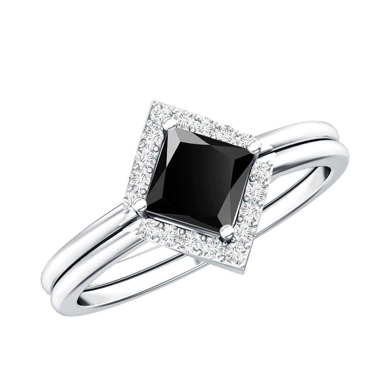 Real Black Onyx and Diamond Princess Cut Engagement Ring With Ring Guard
