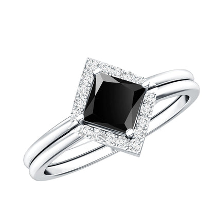 Real Black Onyx and Diamond Princess Cut Engagement Ring With Ring Guard