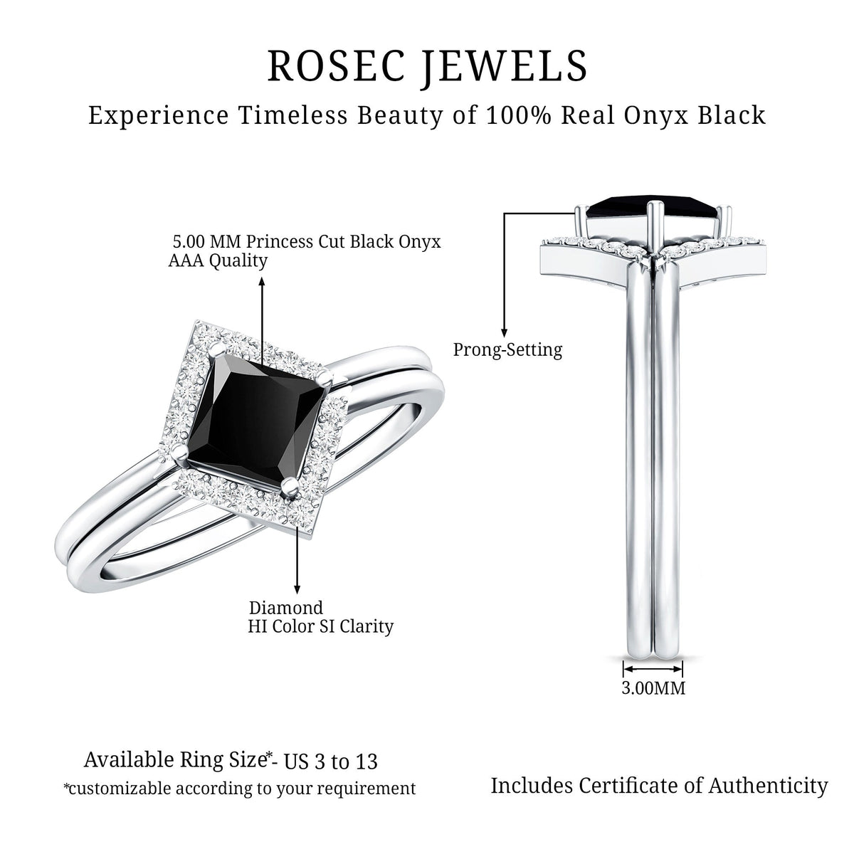 Real Black Onyx and Diamond Princess Cut Engagement Ring With Ring Guard