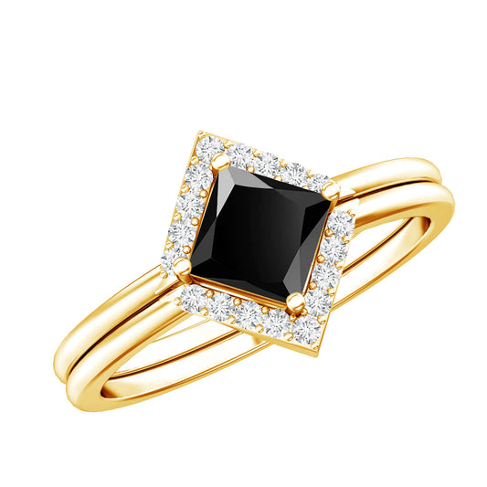 Anillo de compromiso de ónice negro auténtico y diamante con corte princesa con protector de anillo