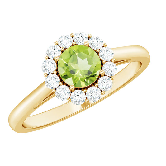 Anillo de compromiso de peridoto natural de medio quilate con halo de diamantes
