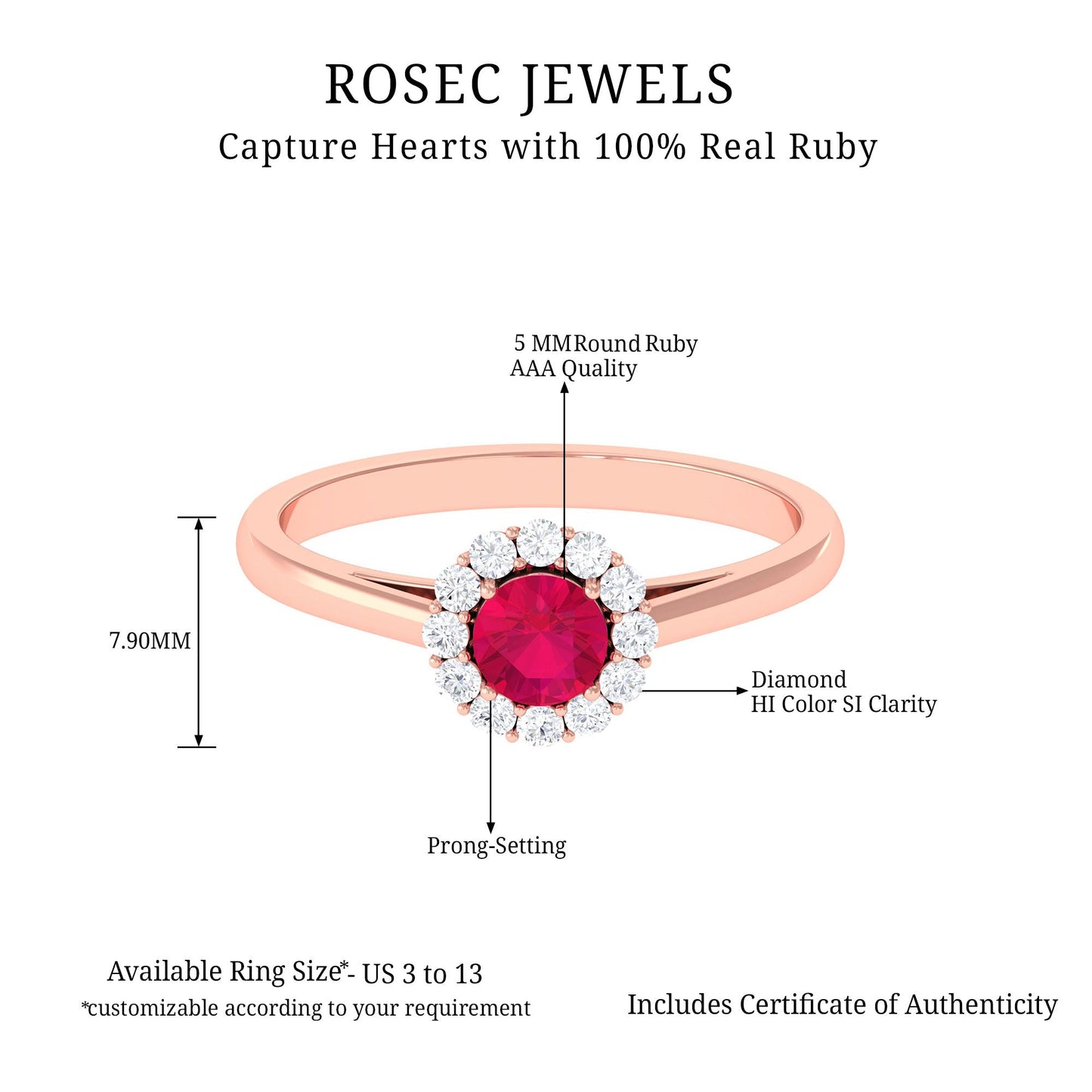 Anillo de compromiso de rubí natural de 0.6 quilates con halo de diamantes