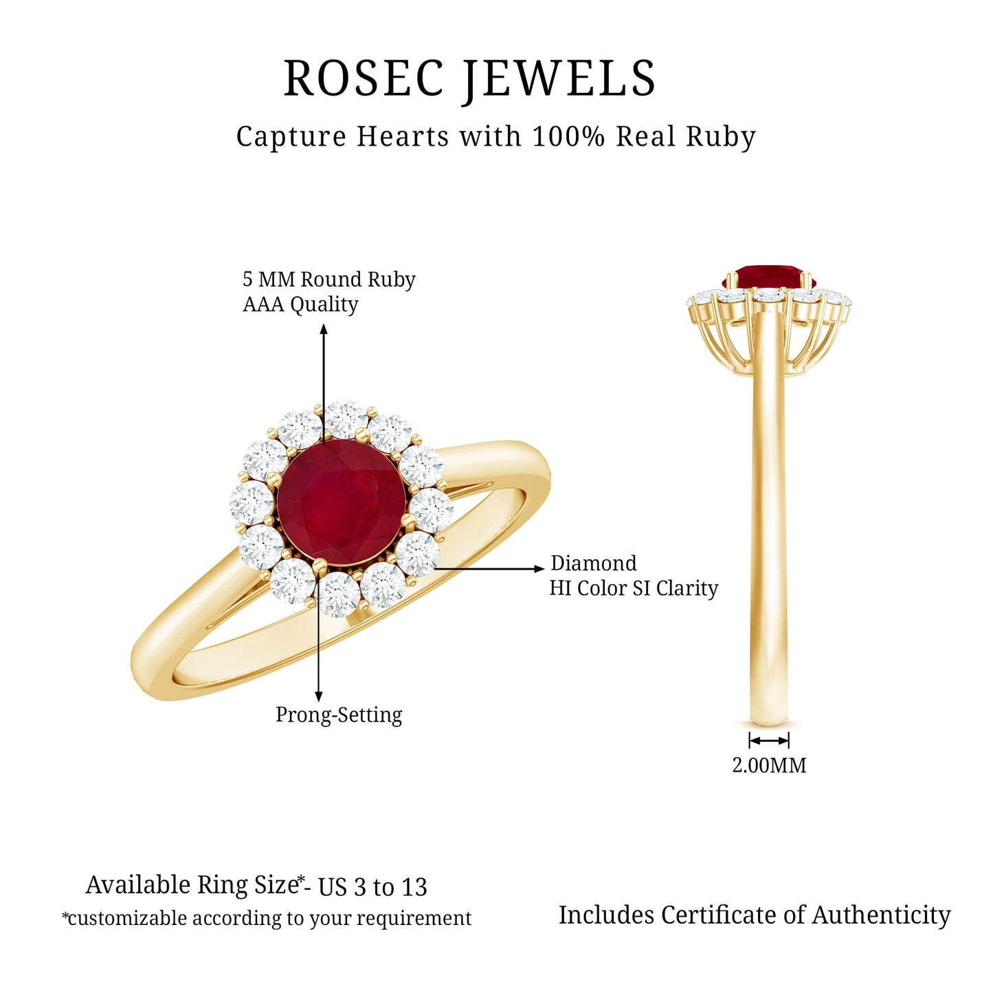 Anillo de compromiso de rubí natural de 0.6 quilates con halo de diamantes