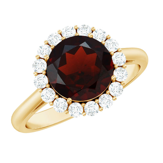 Anillo de compromiso con granate auténtico certificado de 2,3 quilates y halo de diamantes