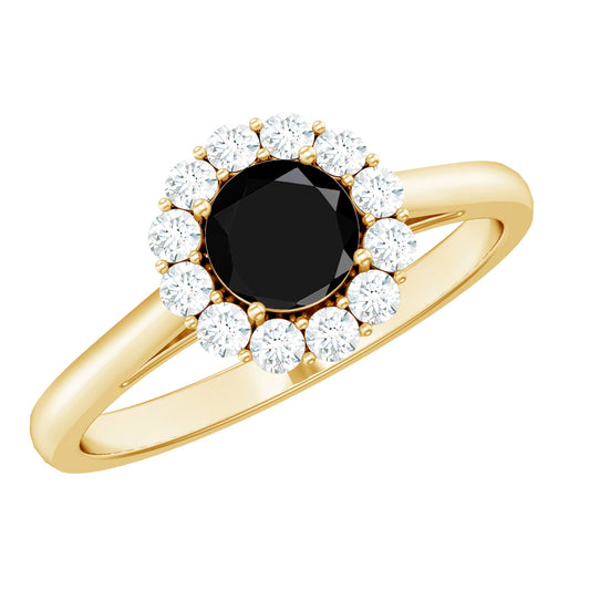 Anillo de compromiso minimalista de espinela negra con halo de diamantes