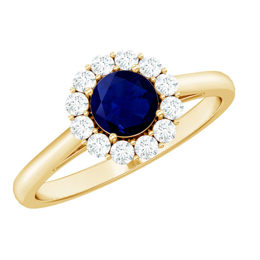 Anillo de compromiso con halo redondo de zafiro azul y diamantes, 0,9 quilates, genuino