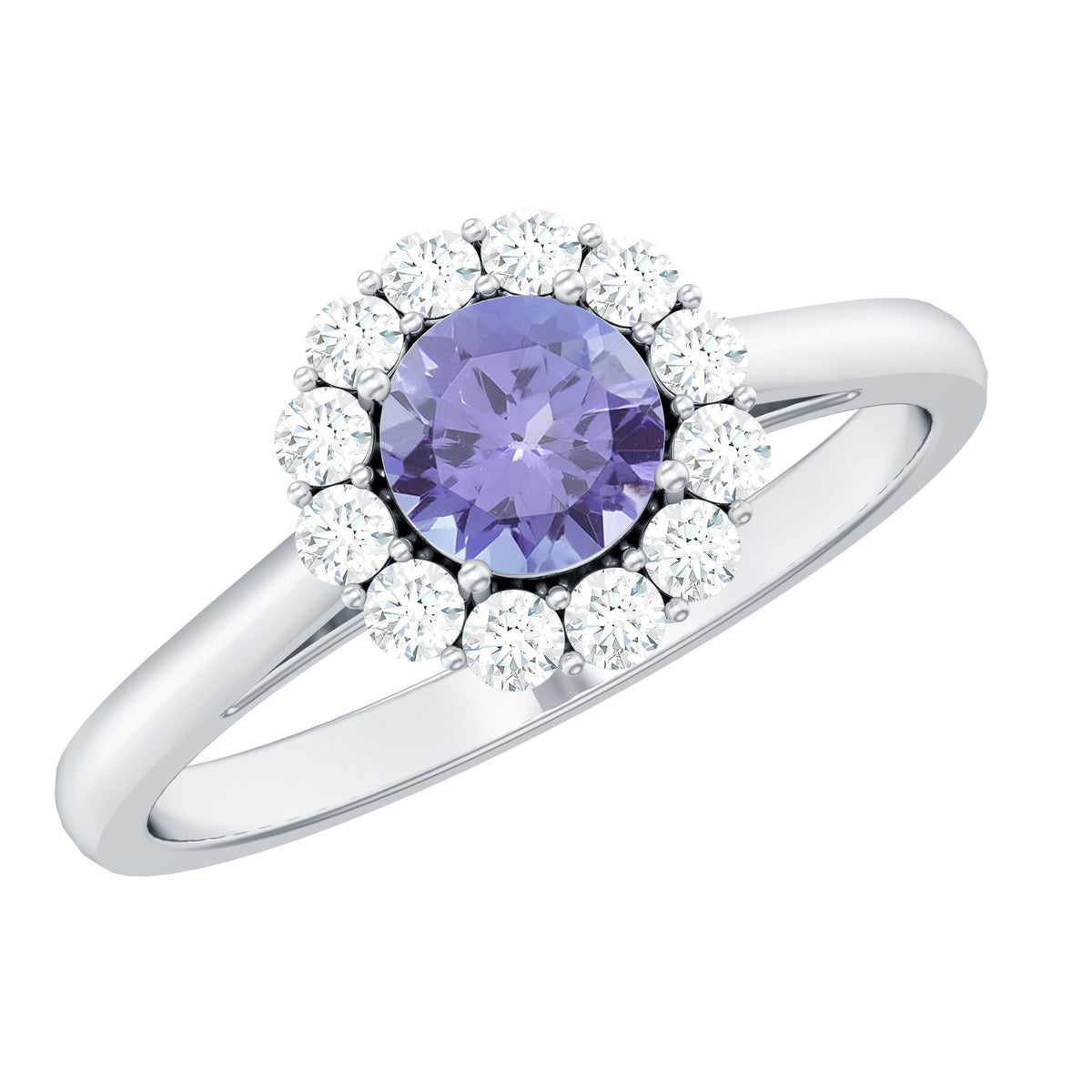 Anillo de compromiso clásico de tanzanita genuina con halo de diamantes