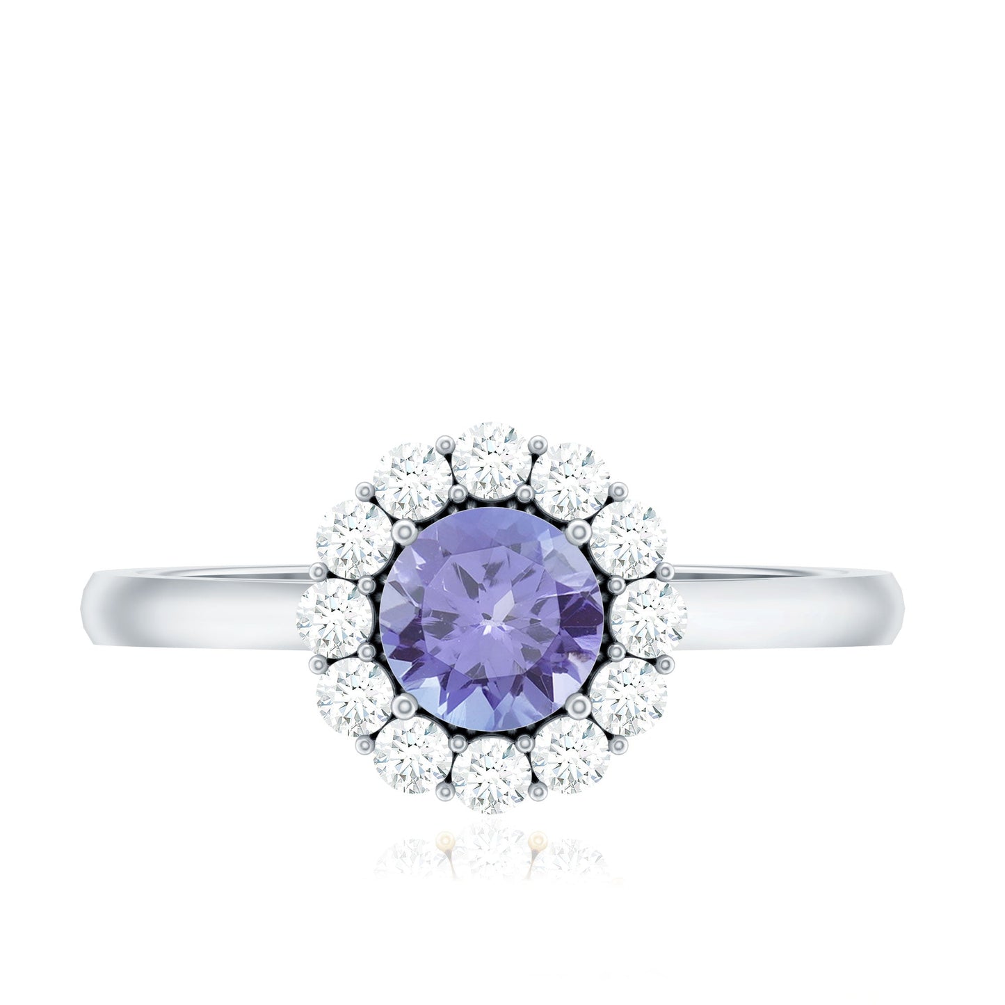 Anillo de compromiso clásico de tanzanita genuina con halo de diamantes