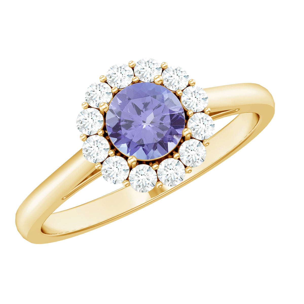 Anillo de compromiso clásico de tanzanita genuina con halo de diamantes