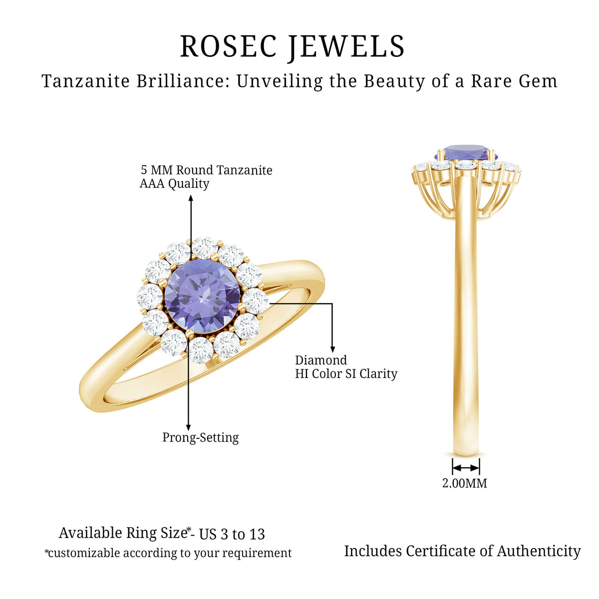 Anillo de compromiso clásico de tanzanita genuina con halo de diamantes