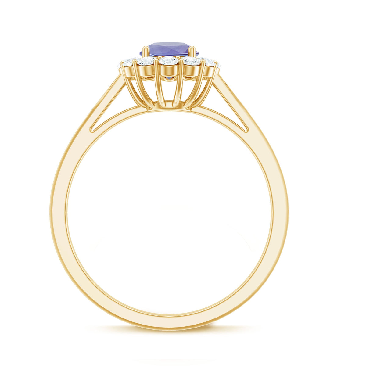 Anillo de compromiso clásico de tanzanita genuina con halo de diamantes