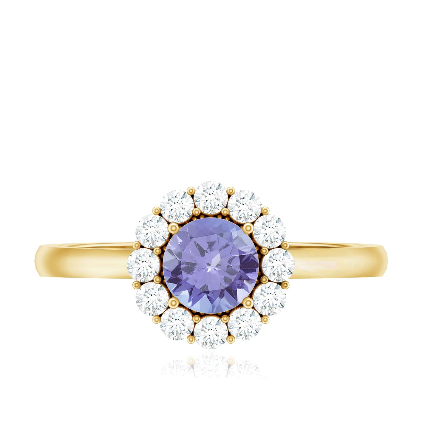 Anillo de compromiso clásico de tanzanita genuina con halo de diamantes