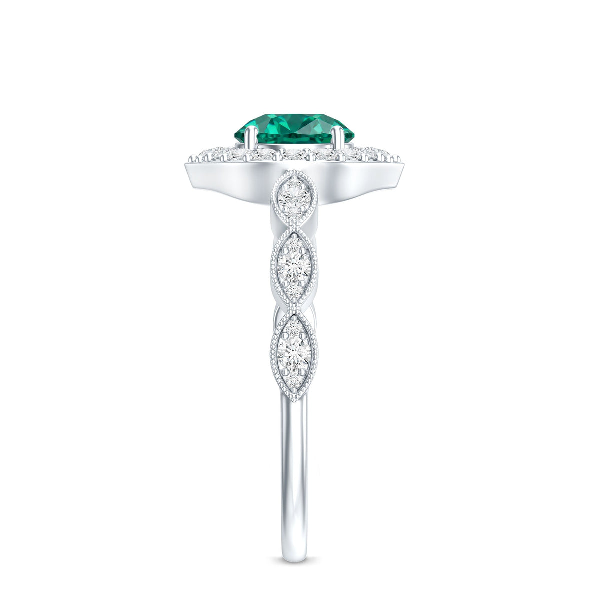 Lab Created Emerald Vintage Style Engagement Ring With Diamonds