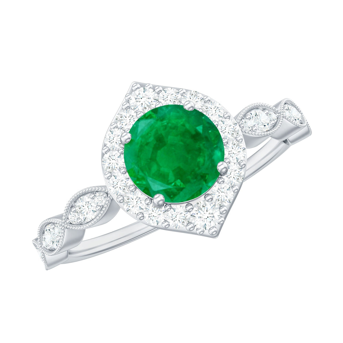 Anillo de Compromiso con Esmeralda Natural Estilo Vintage y Halo de Diamantes