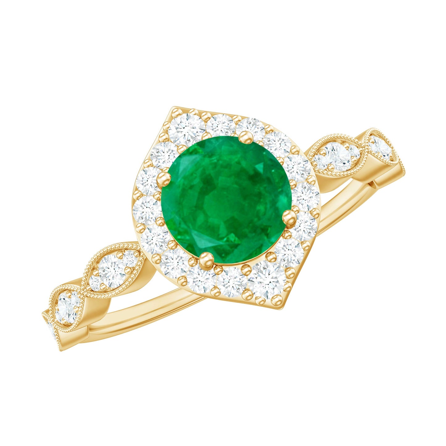Anillo de Compromiso con Esmeralda Natural Estilo Vintage y Halo de Diamantes