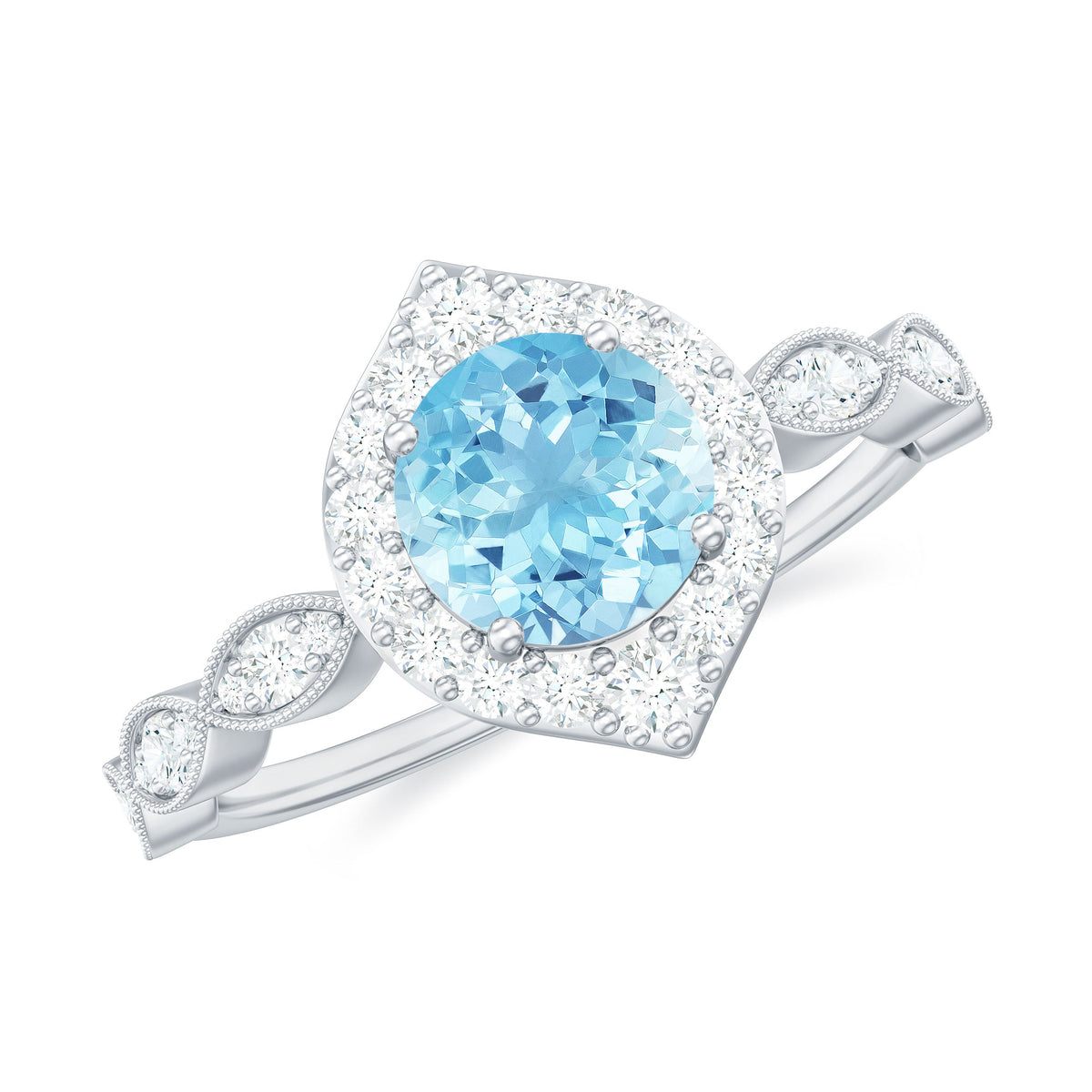 Anillo de compromiso de diseño con aguamarina de 0,8 quilates y diamantes