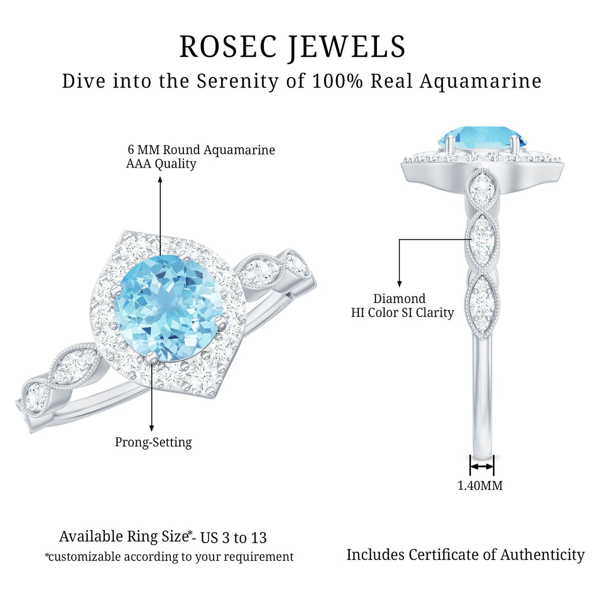 Anillo de compromiso de diseño con aguamarina de 0,8 quilates y diamantes