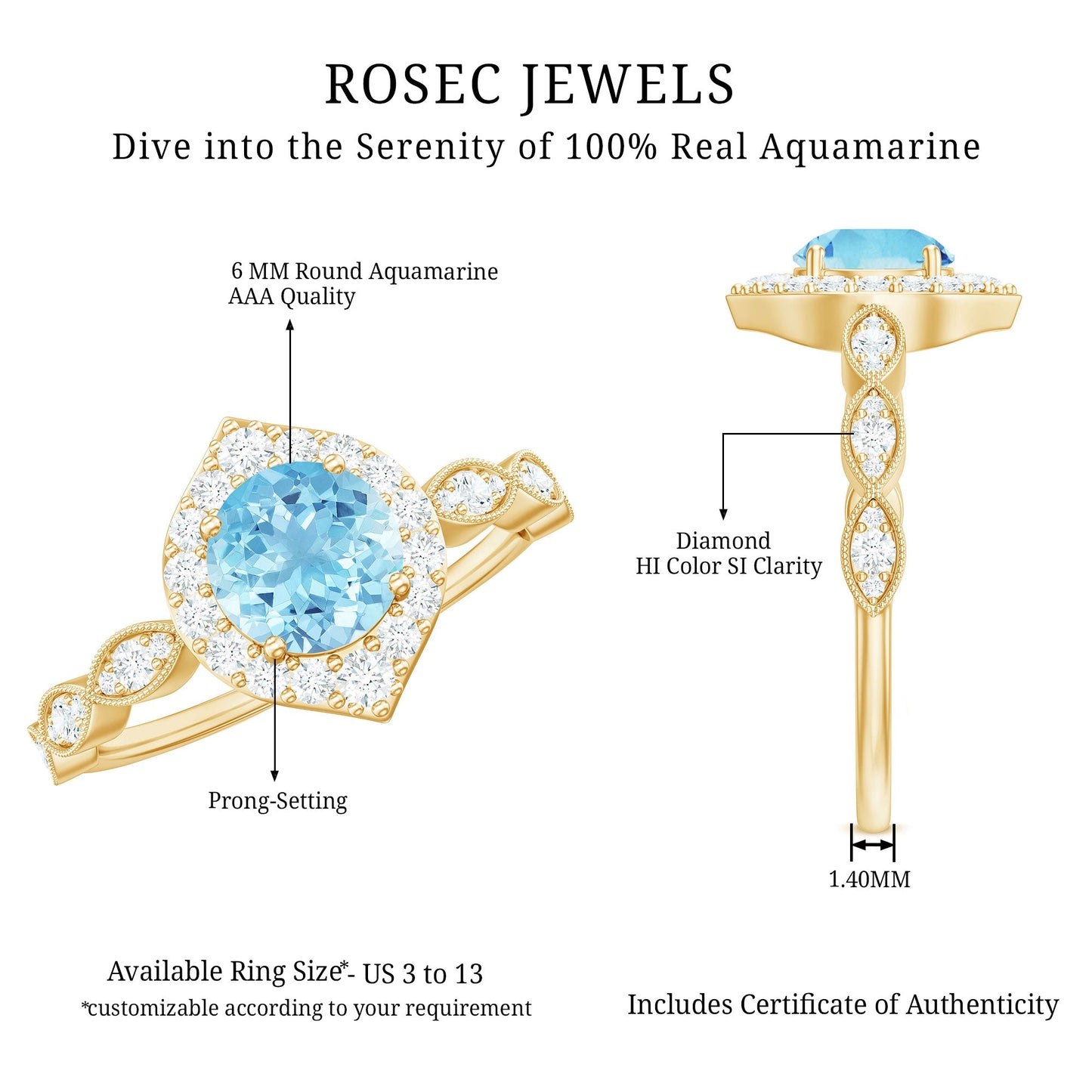 Anillo de compromiso de diseño con aguamarina de 0,8 quilates y diamantes
