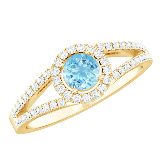 Anillo de compromiso de aguamarina de 0,8 quilates y diamantes con vástago dividido para mujer
