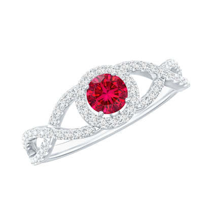 Criss Cross Shank Created Ruby and Diamond Halo Engagement Ring