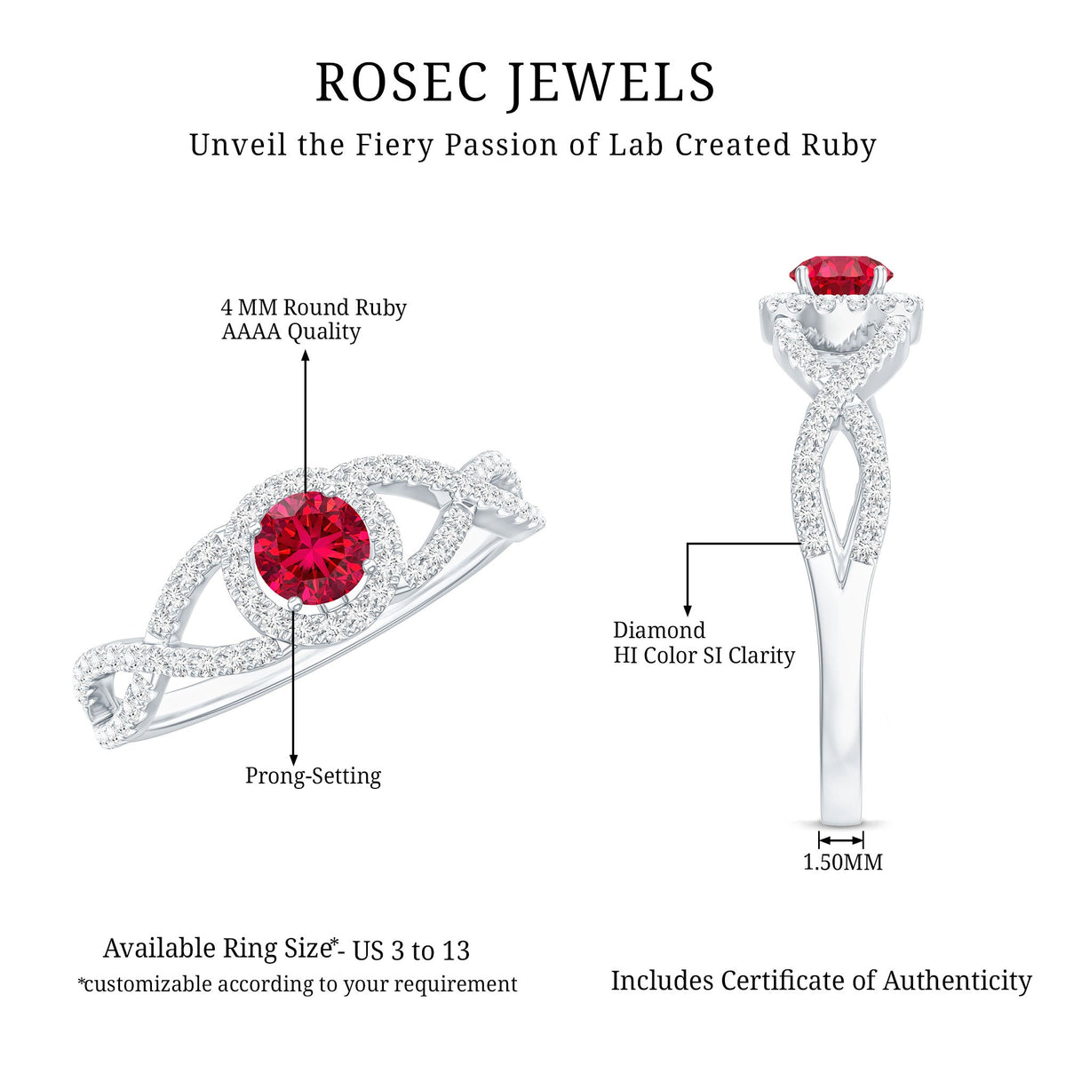 Criss Cross Shank Created Ruby and Diamond Halo Engagement Ring