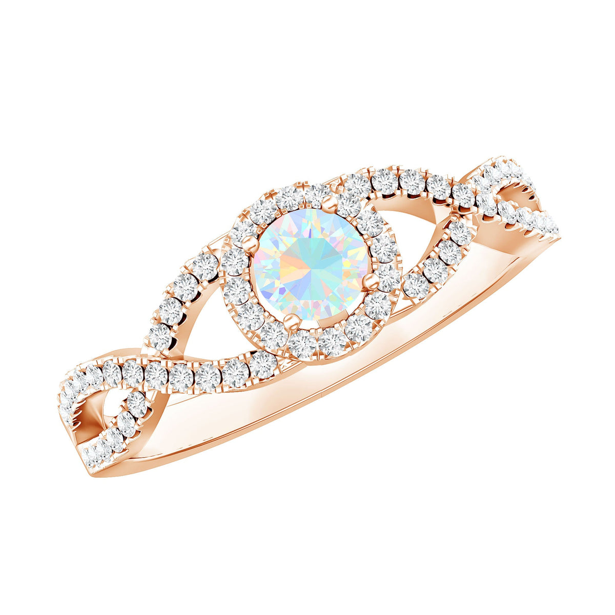 Anillo de compromiso de ópalo etíope natural con diamantes y vástago entrecruzado