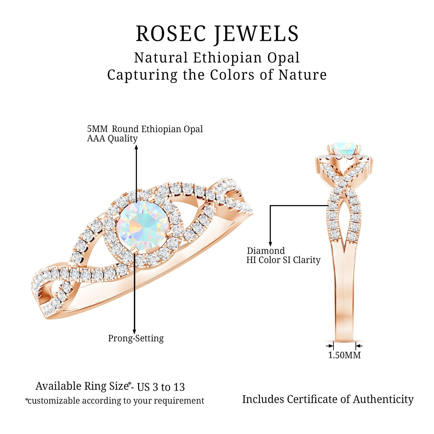 Anillo de compromiso de ópalo etíope natural con diamantes y vástago entrecruzado