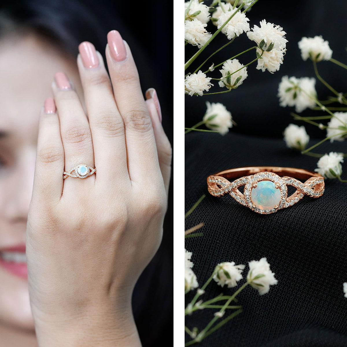 Anillo de compromiso de ópalo etíope natural con diamantes y vástago entrecruzado