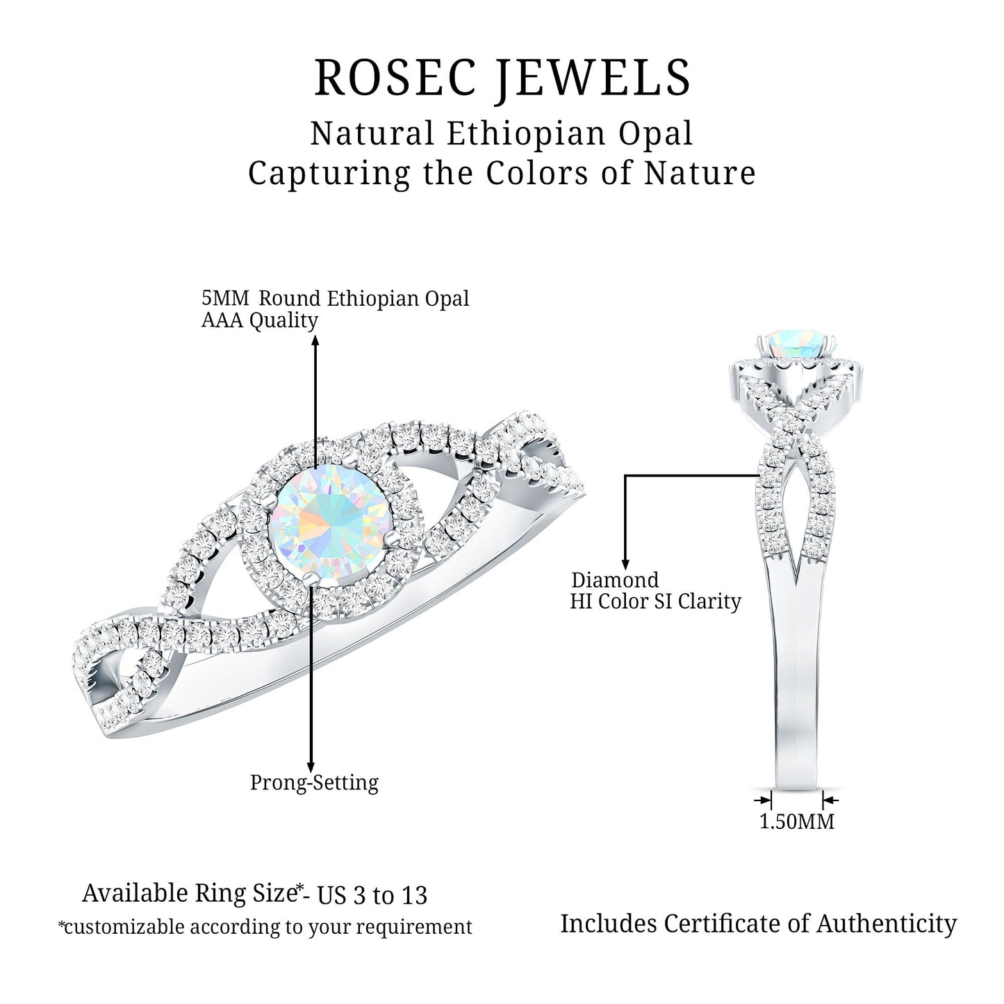 Anillo de compromiso de ópalo etíope natural con diamantes y vástago entrecruzado
