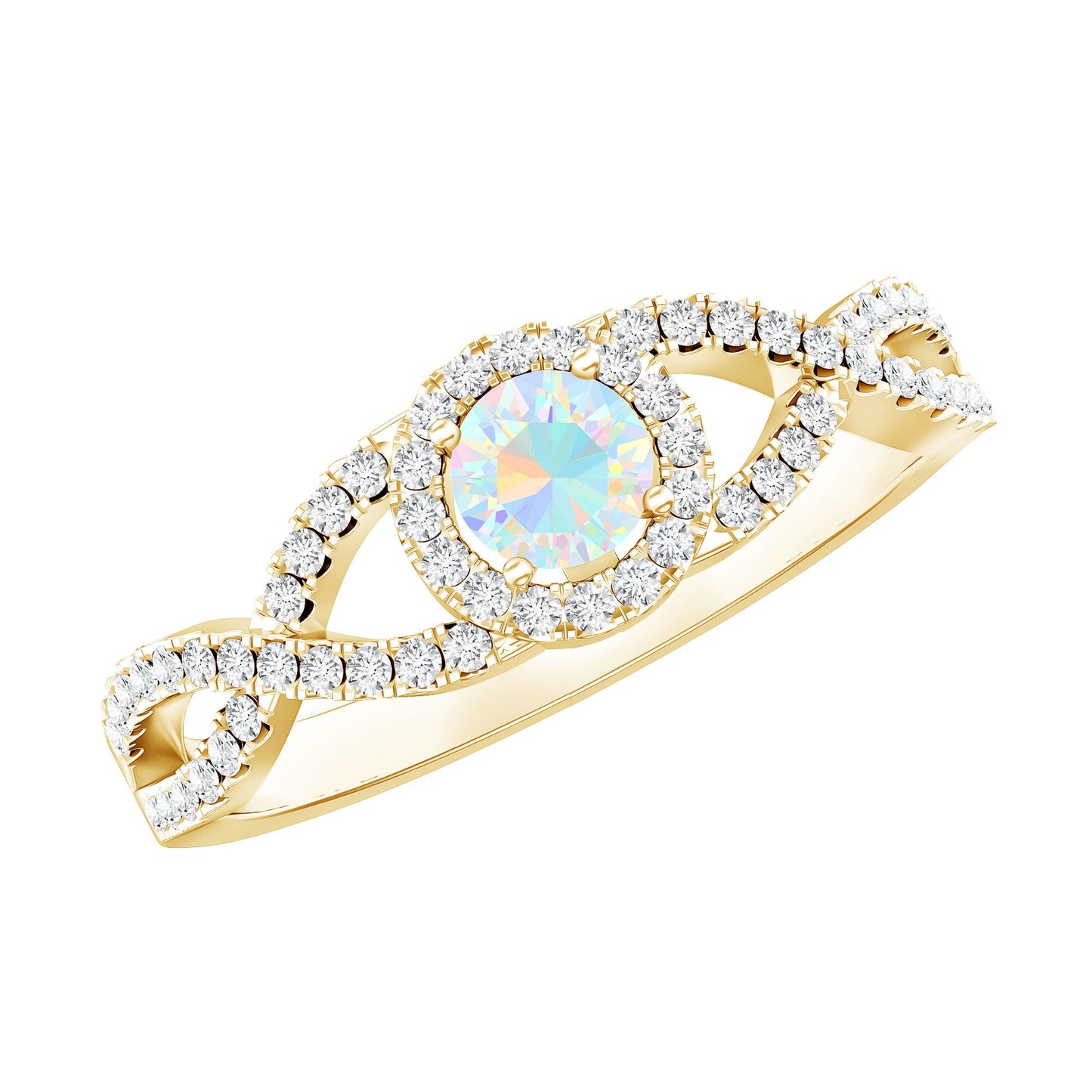 Anillo de compromiso de ópalo etíope natural con diamantes y vástago entrecruzado