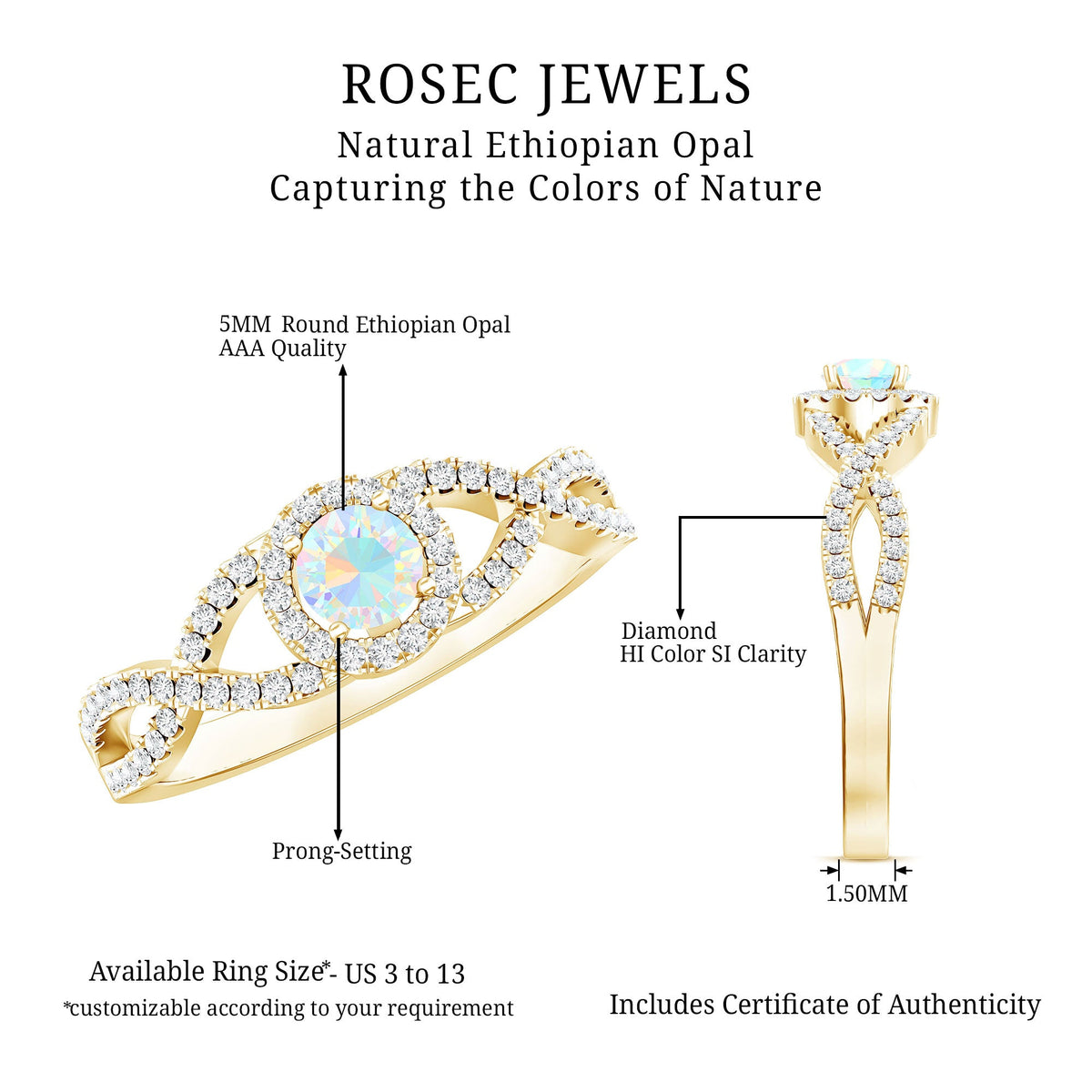 Anillo de compromiso de ópalo etíope natural con diamantes y vástago entrecruzado