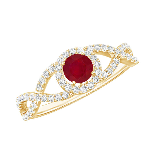 Anillo de compromiso de rubí auténtico con vástago entrecruzado de diamantes